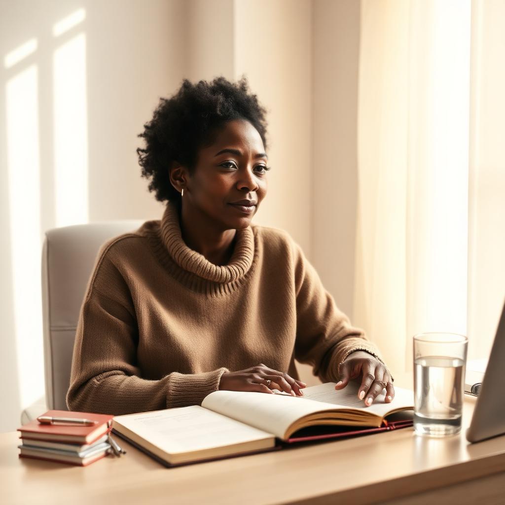 Woman following her daily plan with journal and water