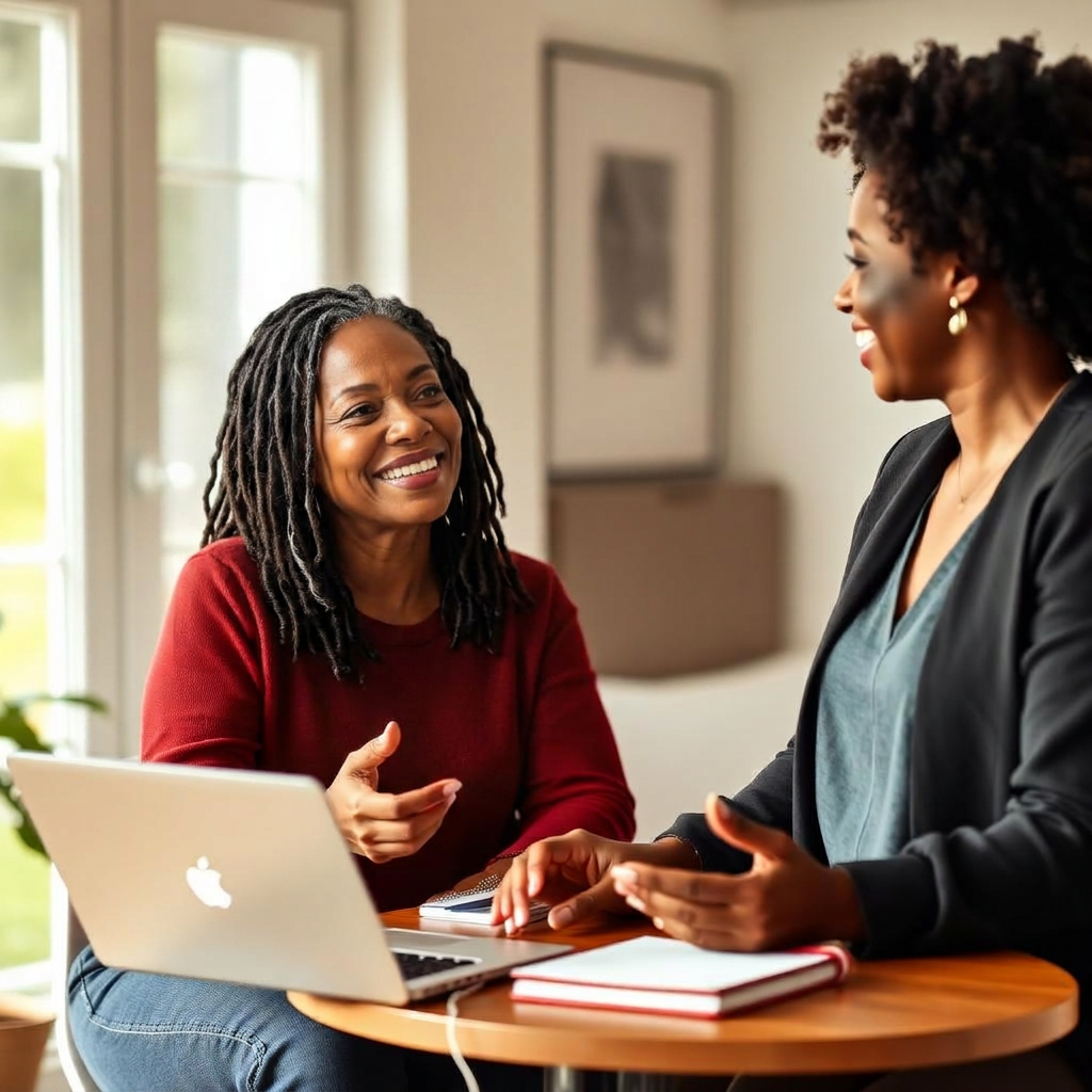 Two women in a warm conversation across a table with a laptop