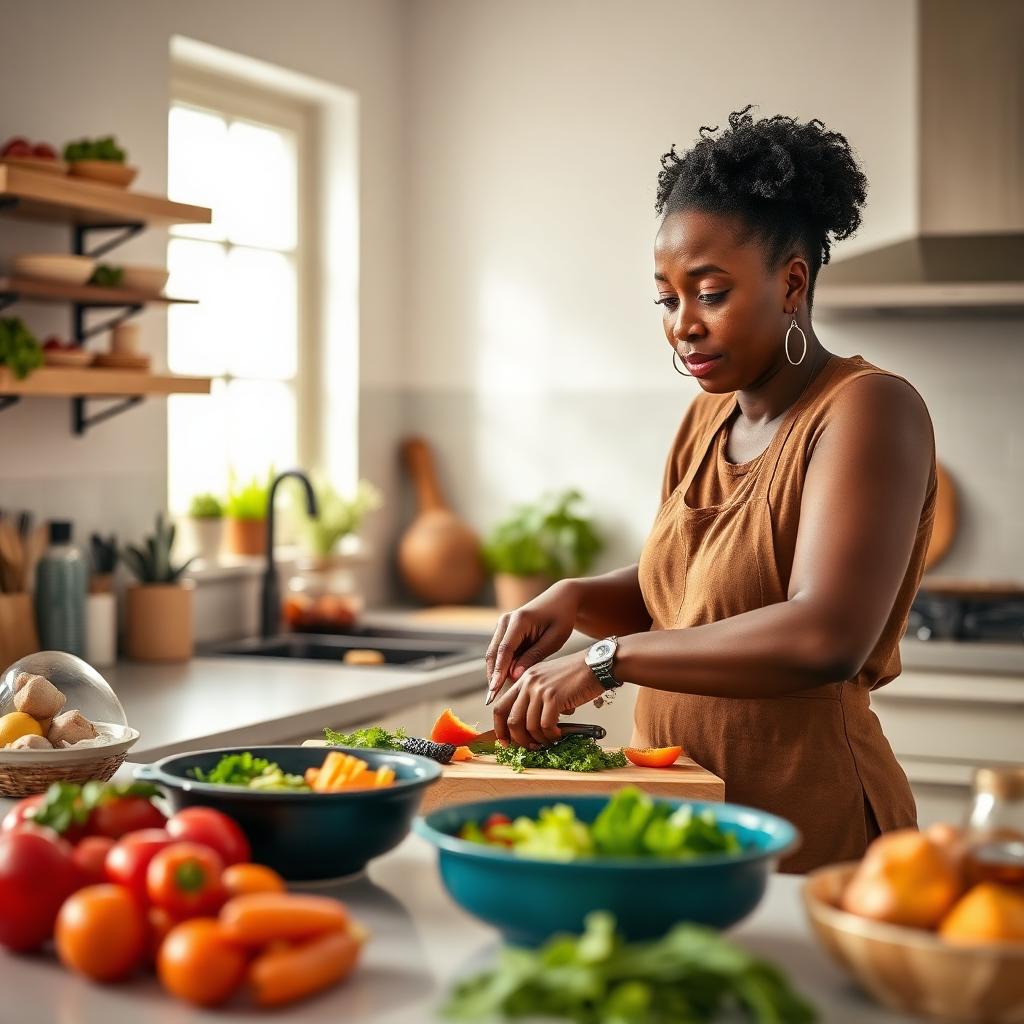Woman preparing a colourful, flexible meal in her kitchen